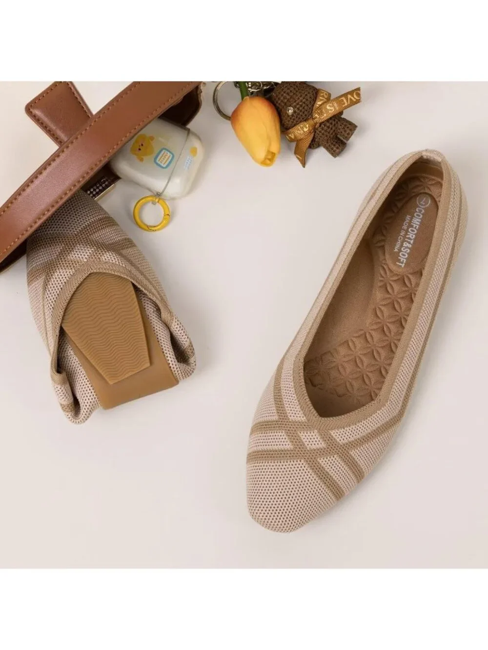 Frank Mully Women's Beige Rubber Knitted Square Toe Comfortable Slip On Flats
